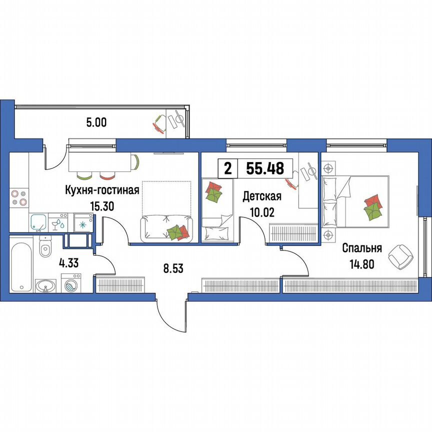 2-к. квартира, 55,5 м², 12/16 эт.