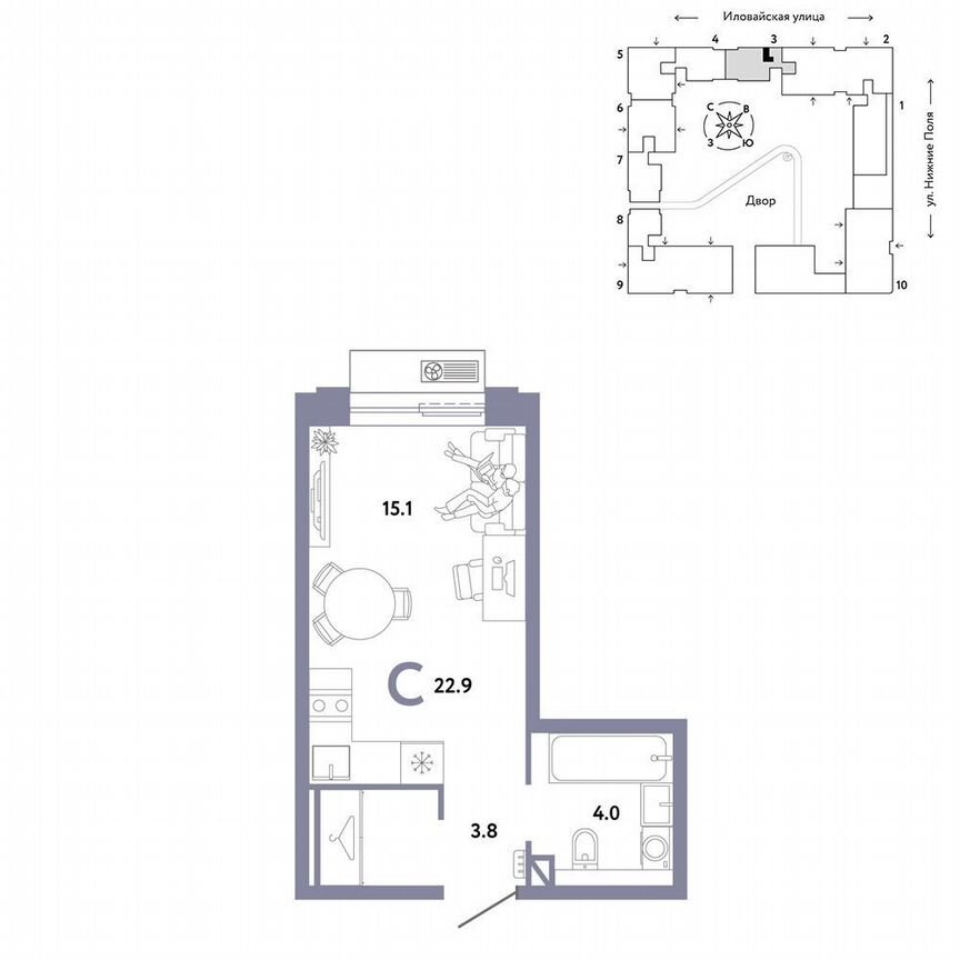 Квартира-студия, 22,9 м², 2/12 эт.
