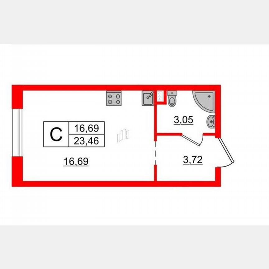 Апартаменты-студия, 23,5 м², 16/17 эт.