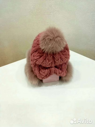 Шапка зимняя женская вязанная с мехом