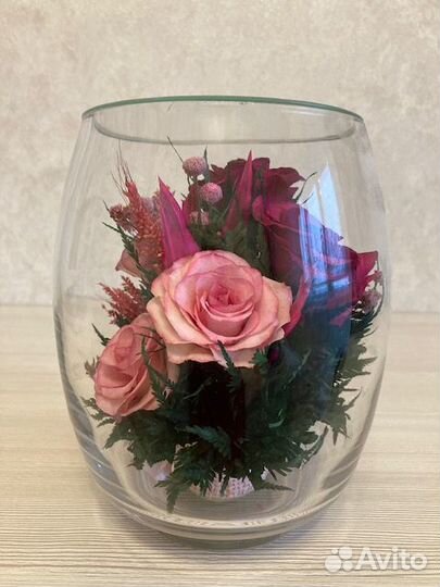 Живые Цветы в колбе, Розовый букет, розы