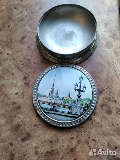 Шкатулка Палех 60-е года.Пудреница мельхиор