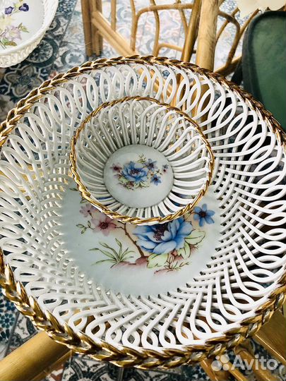 Винтаж конфетница дуэт плетеный фарфор Румыния