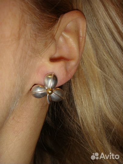 Bill Blass серьги клевер серебро золото оригинал