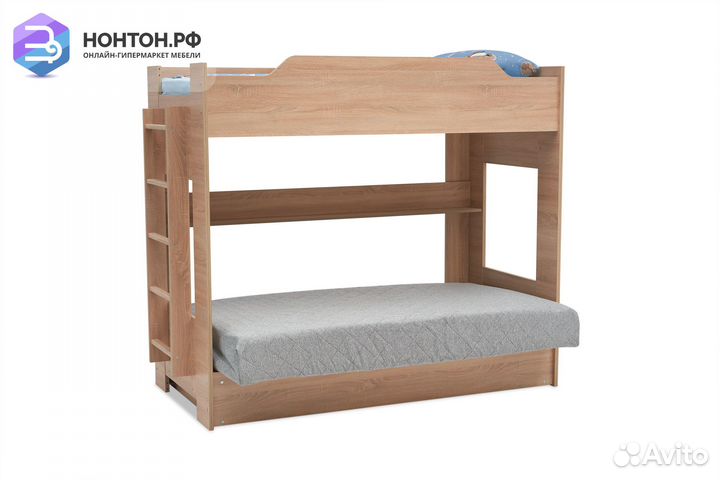 Двухъярусная кровать с диван-кроватью серый / дуб