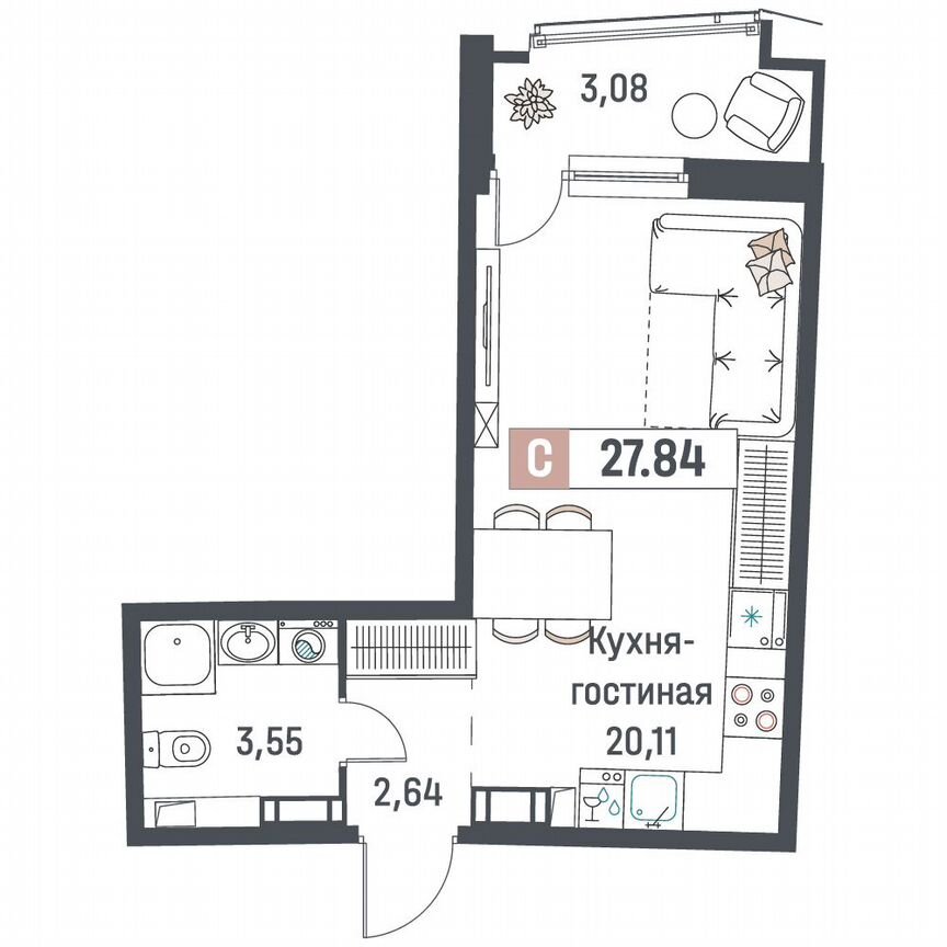 Квартира-студия, 27,8 м², 8/18 эт.