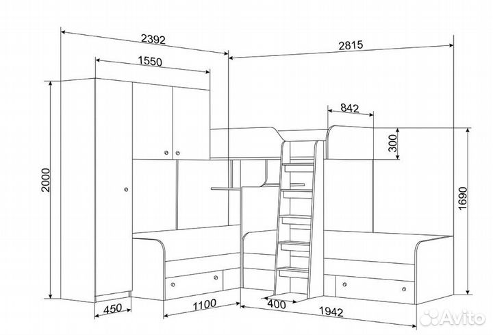 Кровать детская для троих детей со шкафом Сонома/Г
