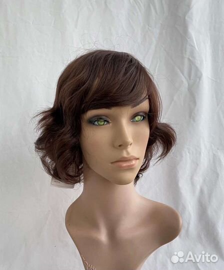 Парик новый каштановый короткий кудрявый с челкой