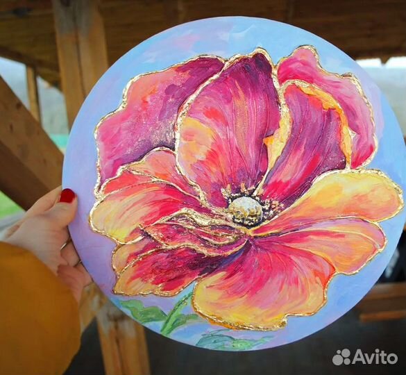 Картина Маки цветы маслом интерьерная с золотом