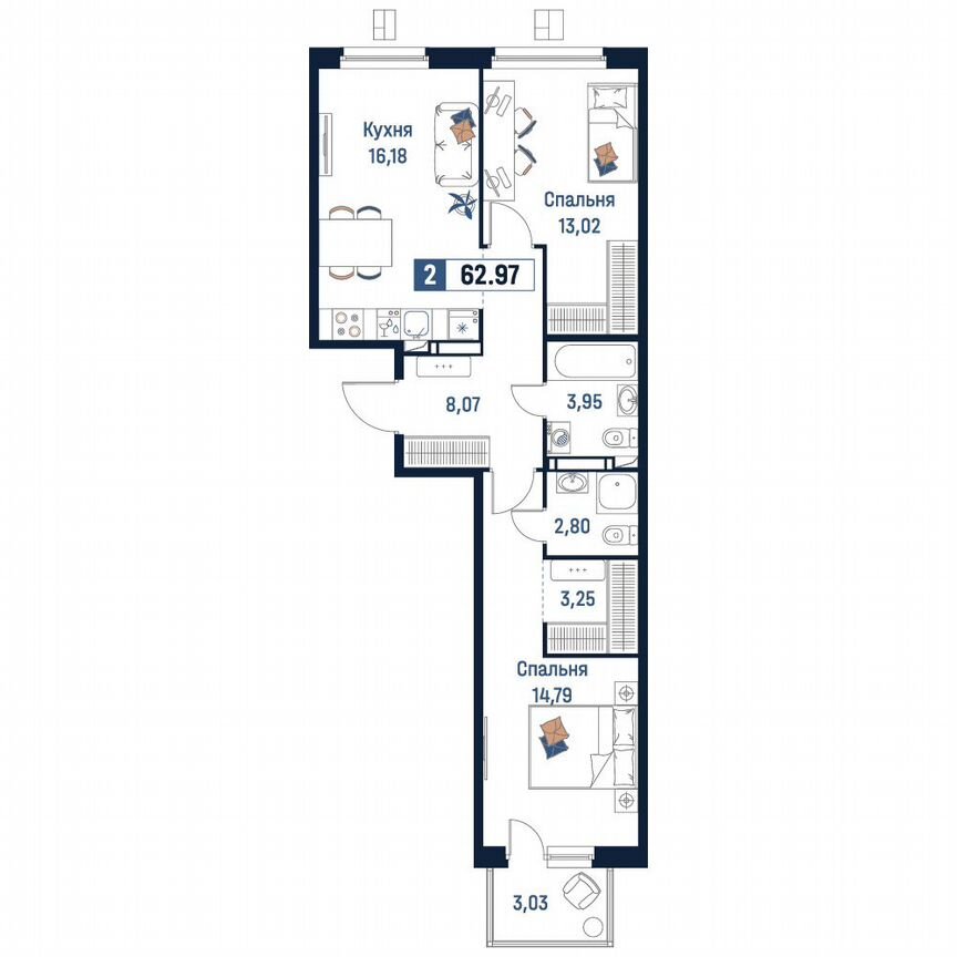 2-к. квартира, 63 м², 10/18 эт.