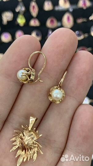 Золотые серьги и кулон с жемчугом СССР