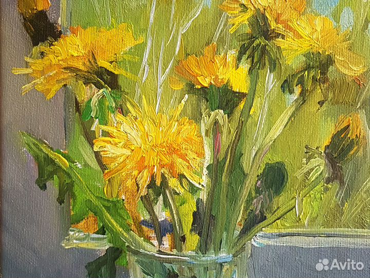 Картина одуванчики желтые цветы букет одуванчиков