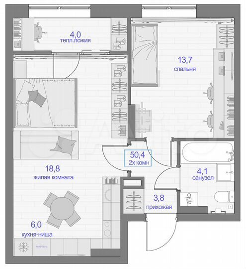 2-к. квартира, 50,4 м², 4/24 эт.