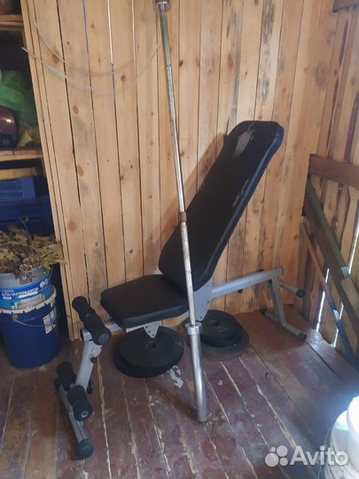 Скамья для жима складная+гриф+блины+стойки
