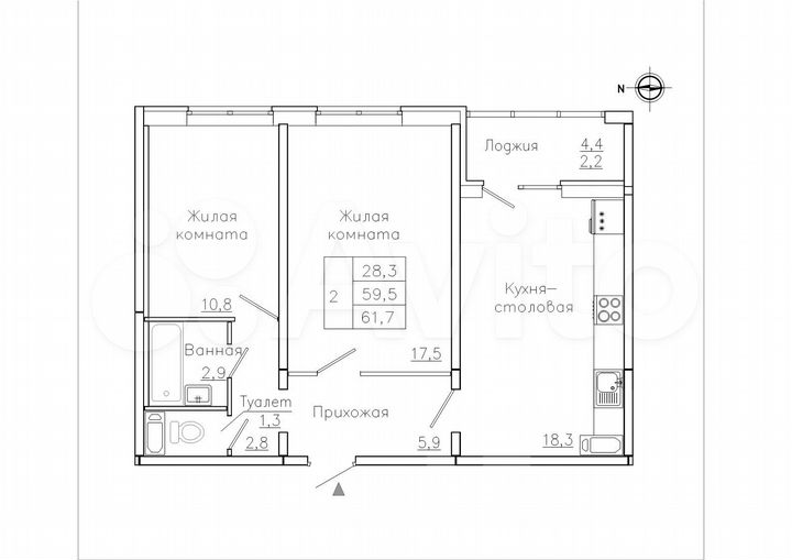 2-к. квартира, 61,7 м², 9/18 эт.