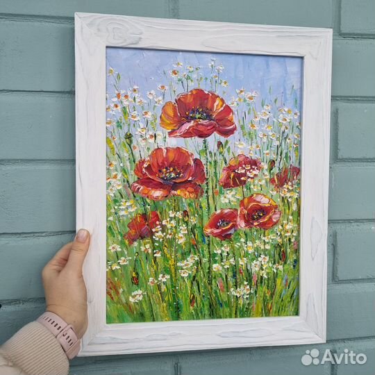 Цветы маки ромашки картина маслом на холсте 30х40