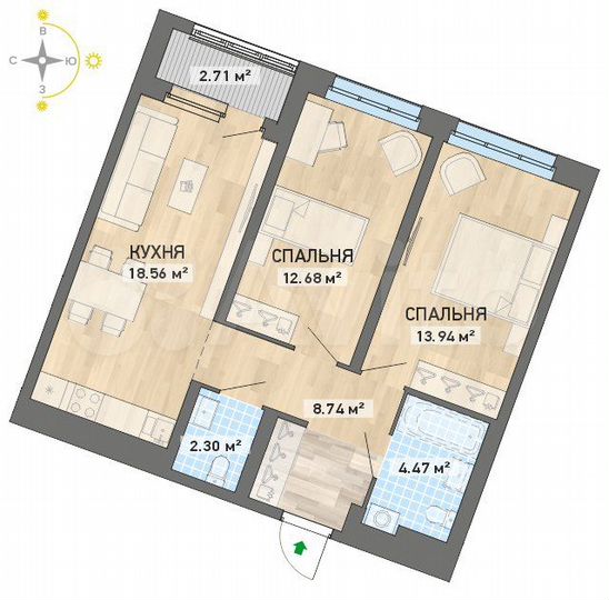 2-к. квартира, 63,4 м², 18/26 эт.