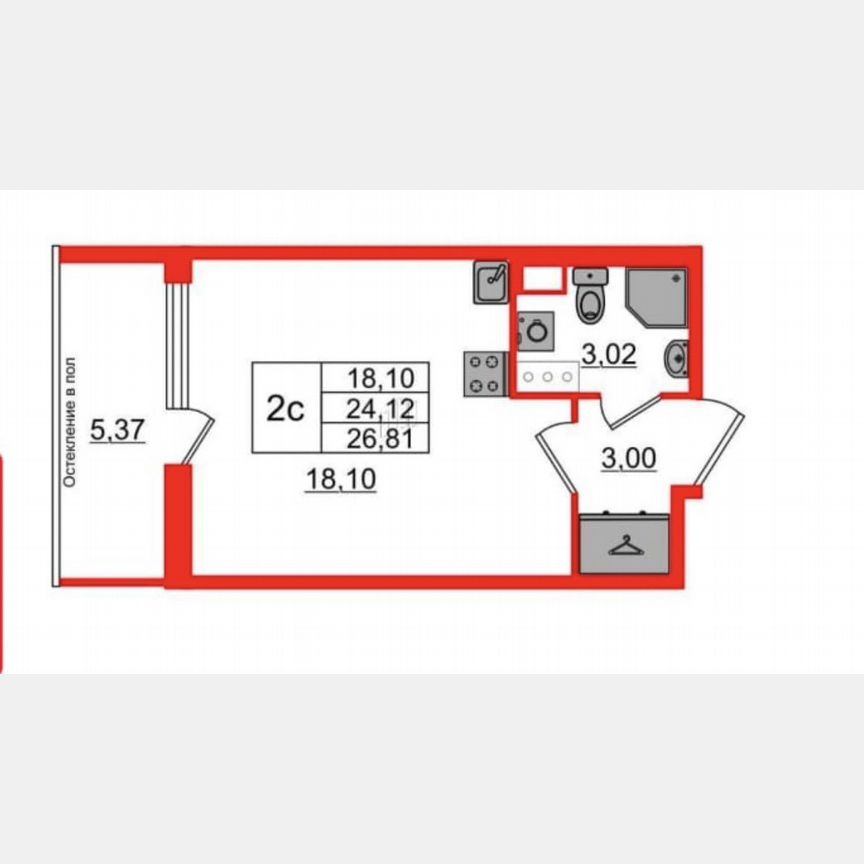 Квартира-студия, 24,1 м², 12/12 эт.