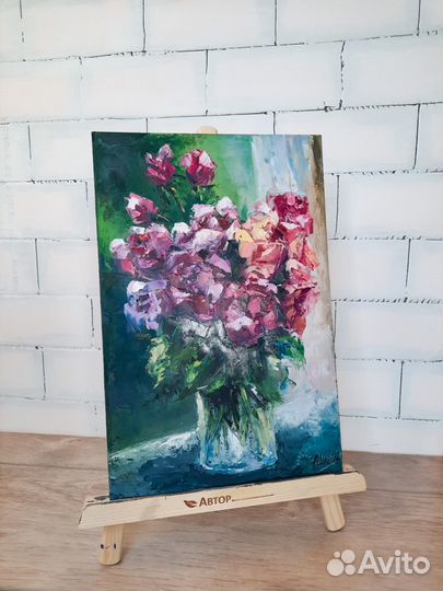 Картина цветы в вазе Натюрморт маслом Этюд розы