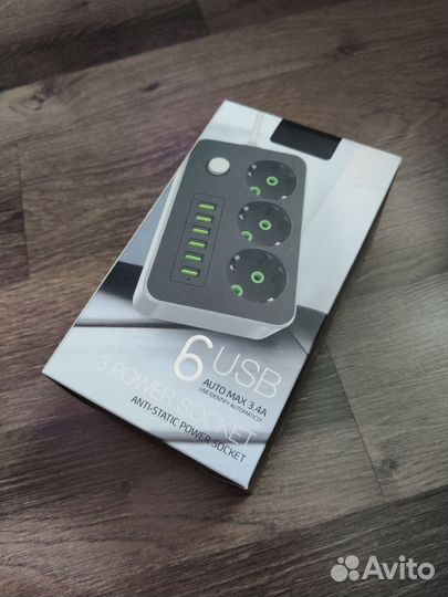 Удлинитель с USB, 6 USB + 3 розетки 220в, usb хаб