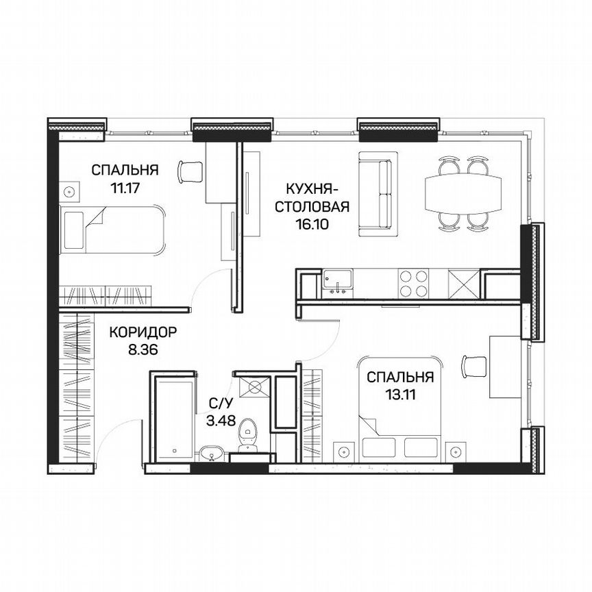 2-к. апартаменты, 52,3 м², 1/8 эт.