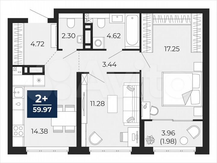 2-к. квартира, 60 м², 14/21 эт.