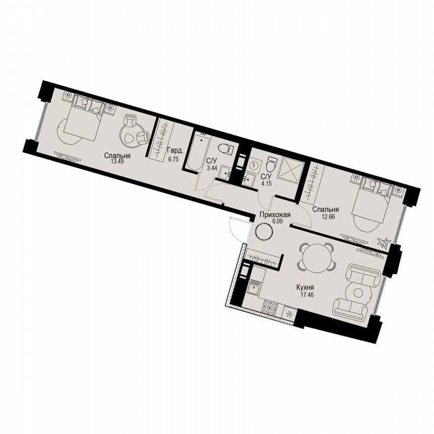 2-к. квартира, 64 м², 4/6 эт.