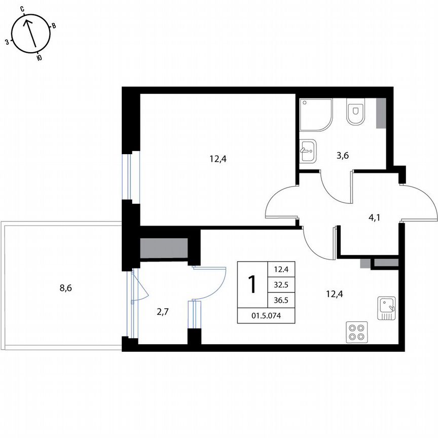 1-к. квартира, 36,5 м², 1/3 эт.