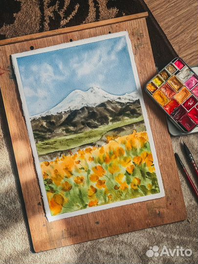 Интерьерная картина акварель цветы пейзаж