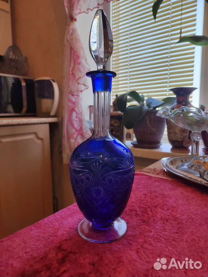 Винтажный Графин-штоф цветной синий хрусталь СССР