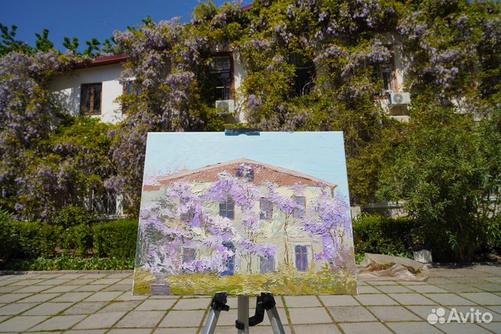 Картина маслом на холсте пейзаж с глицинией