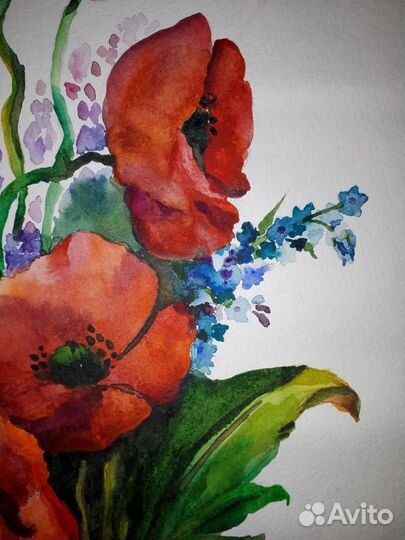 Картина с цветами Маки и незабудки, акварель