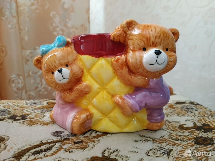 Кашпо для цветов керамическое мишки у лукошка