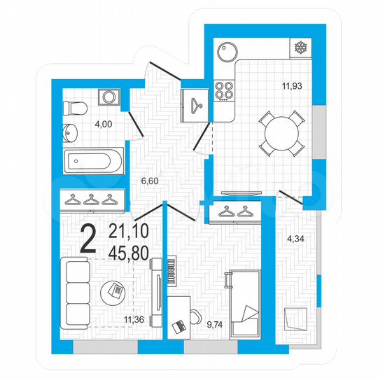 2-к. квартира, 45,8 м², 19/21 эт.