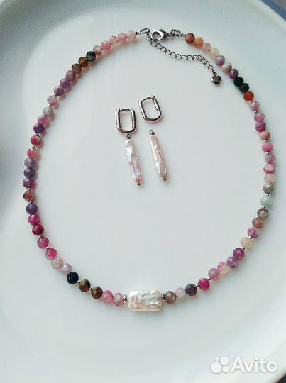 Колье, ожерелье бусы из натурального турмалина