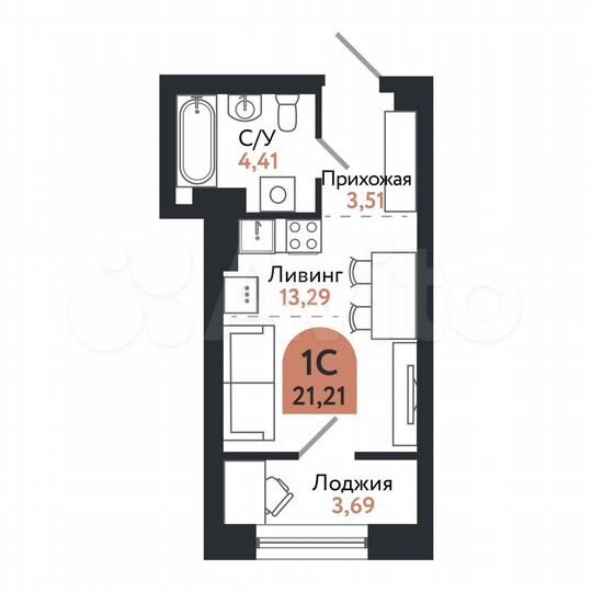 1-к. квартира, 21,2 м², 11/26 эт.
