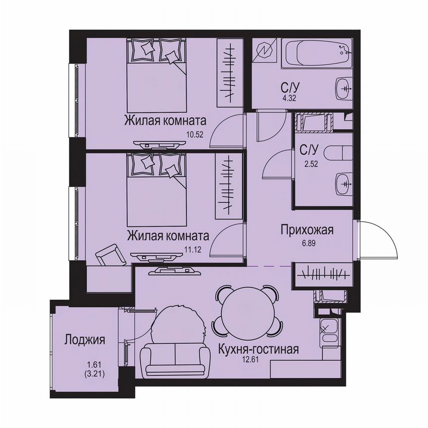 2-к. квартира, 49,6 м², 6/9 эт.