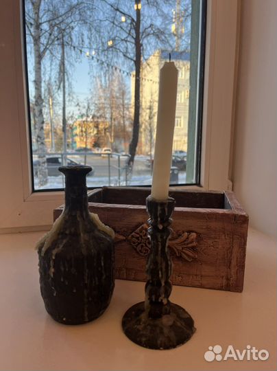 Ваза с сухоцветами, свечи, подсвечники