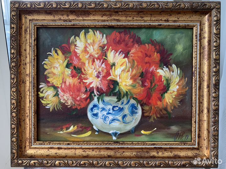 Картина маслом на холсте «Букет хризантем»