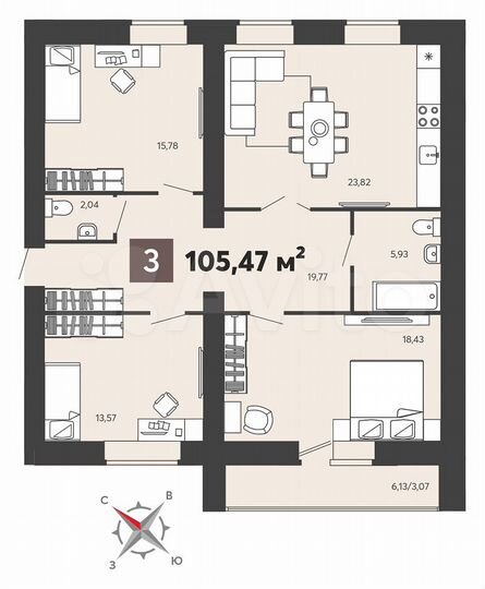 3-к. квартира, 105,5 м², 4/18 эт.