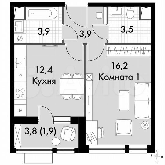 1-к. квартира, 41,8 м², 3/16 эт.