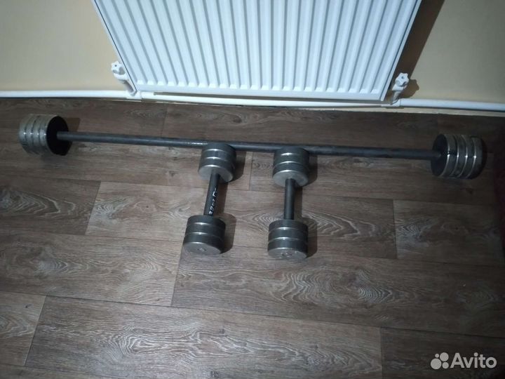 Штанга, гриф с блинами и гантелями