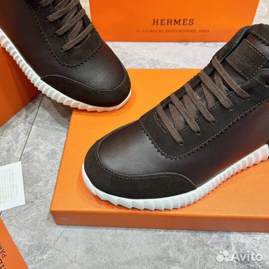 Высокие кроссовки Hermes кожа мех коричневые