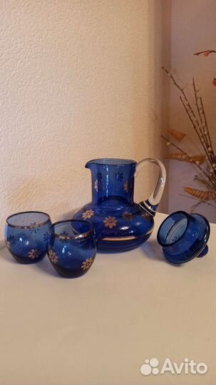 Кувшин-Графин + 2 стакана кобальтовое стекло СССР