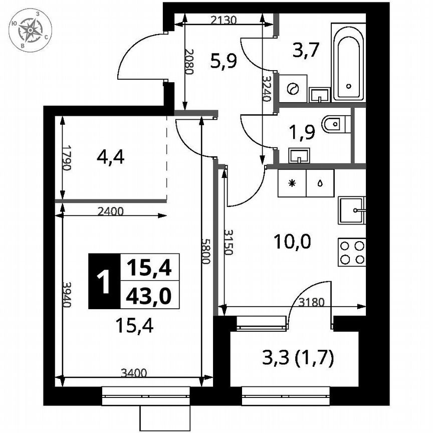 1-к. квартира, 43 м², 2/16 эт.