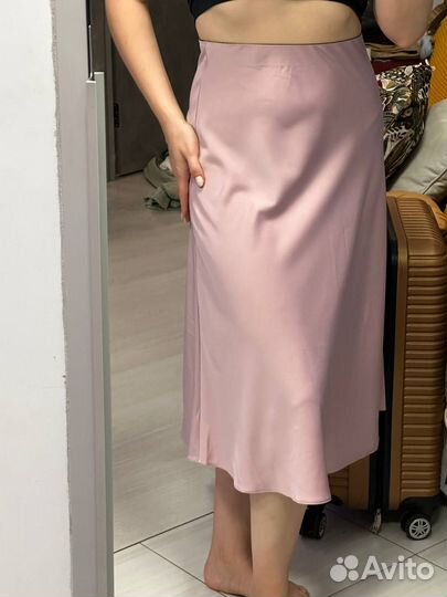 Юбка миди шелковая розовая, S-M