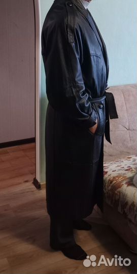 Кожаный, натуральный плащ мужской длинный