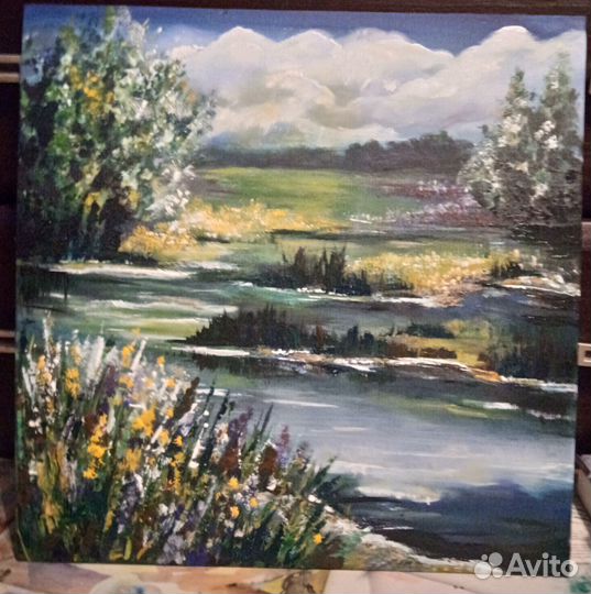 Картина пейзаж. Темпера. 40*40 см