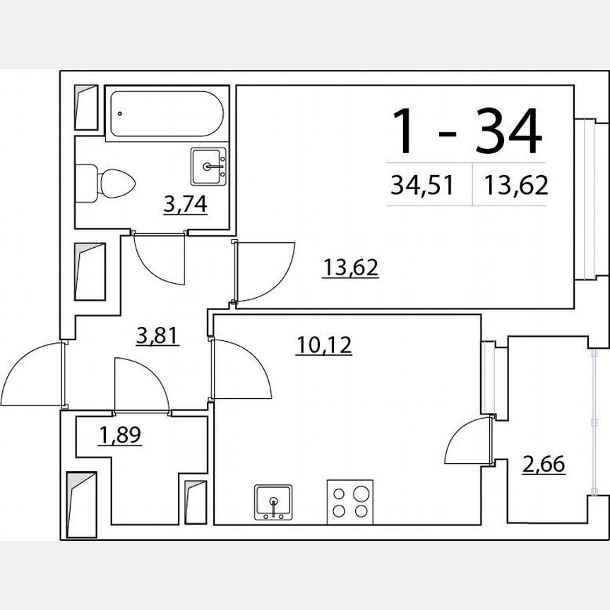 1-к. квартира, 34,6 м², 2/13 эт.