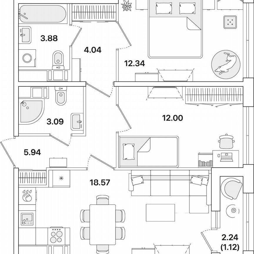 2-к. квартира, 61 м², 10/12 эт.